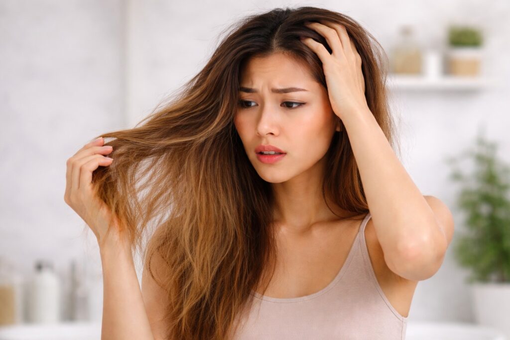 mujer con cabello dañado y reseco por aclarado en casa mirando las puntas abiertas