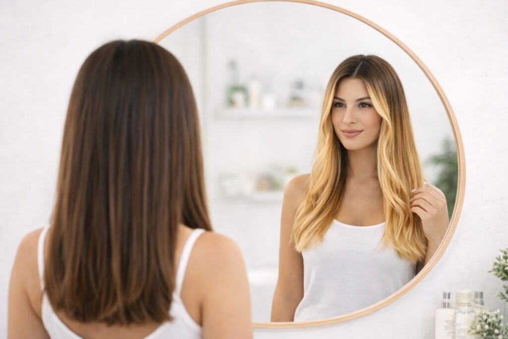 mujer mirándose al espejo con cabello castaño y reflejo en tono miel dorado aclarado sin decolorar